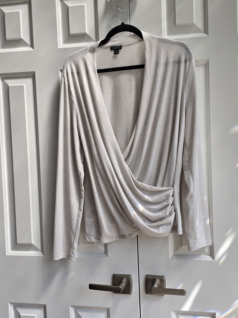 Ann Taylor Factory Light Gray Draped Wrap-Front Long Sleeve Top